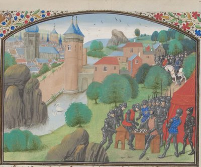 Soldats jouant aux dés devant la ville de Césarée. Miniature de l
