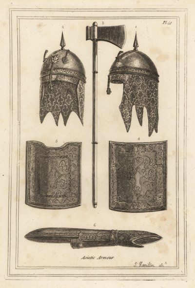 Casque de Souja Dowla avec capuche en cotte de mailles, hache de bataille, plastron et dosseret, et armure de bras - Unbekannt