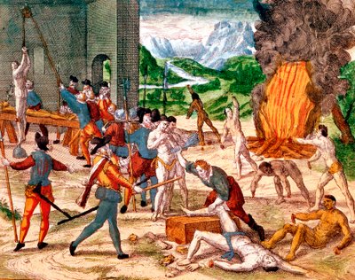 Conquistadors espagnols torturant des Indiens d