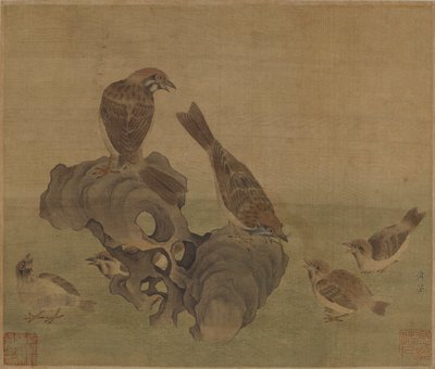 Moineaux nourrissant leurs petits, dynastie Ming ou Qing, XVIIe siècle - Unbekannt