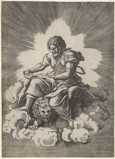 Saint Marc, assis avec un parchemin déroulé dans ses mains, une tête de lion ailé et..., après 1518 - Unbekannt