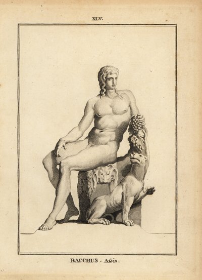 Statue de Bacchus, le dieu romain du vin, assis nu avec une grappe de raisin et un chien - Unbekannt