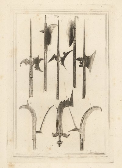 Lame de hallebarde 1,3,5, billot brun 2, hache de Lochaber 4, billot ancien 6, billot à main avec petites cloches 7, et billot trouvé à Battefield, Shrewsbury 8 - Unbekannt