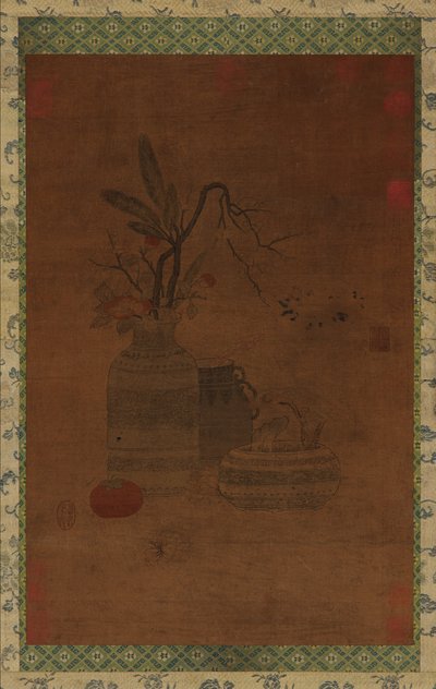 Tapisserie : un bol, deux pots, des fleurs et des fruits - Unbekannt