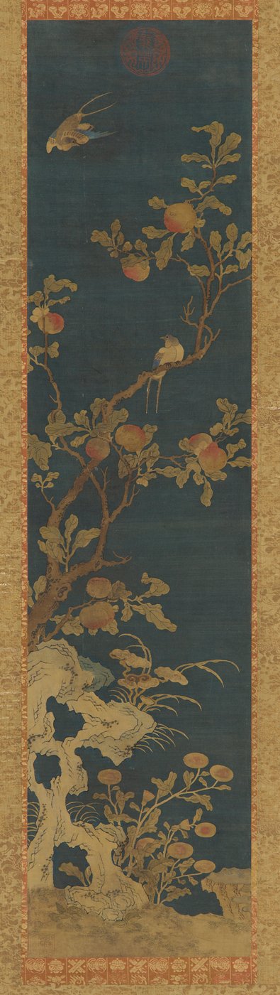 Tapisserie : oiseaux, pêcher, rochers et fleurs sur fond bleu, dynastie Qing, 1644-1911 - Unbekannt