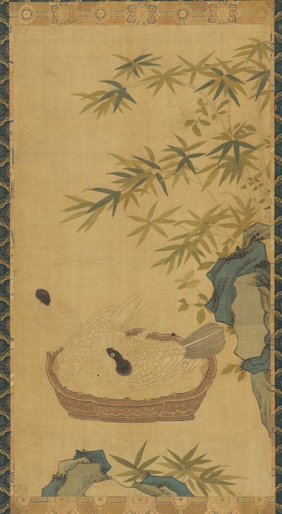 Tapisserie : colombes se baignant dans un bol, rochers et bambous, possiblement dynastie Ming, 1368-1644 - Unbekannt