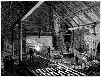 Taper un haut fourneau et couler du fer fondu dans les moules, vers 1885 - Unbekannt