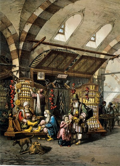 Le Bazar (souk) de Constantinople, lithographie en couleur - Unbekannt