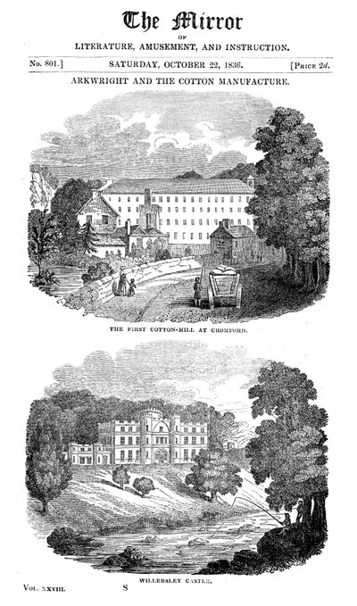 La première filature de coton à Cromford, Derbyshire, et la maison de Richard Arkwright, 1836 - Unbekannt