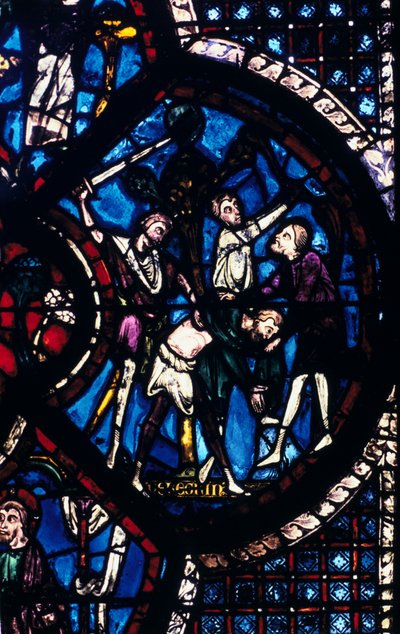 Le pèlerin attaqué par des voleurs, vitrail, cathédrale de Chartres, France, 1205-1215 - Unbekannt