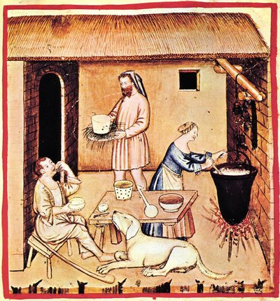 La production de fromage. Une miniature du Tacuinum Sanitatis, seconde moitié du 14ème siècle - Unbekannt