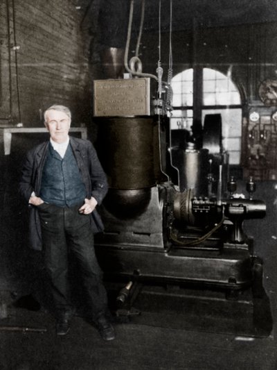 Thomas Alva Edison avec sa première dynamo pour produire de la lumière électrique, années 1880 - Unbekannt