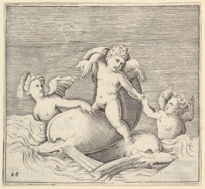 Trois cupidons et deux dauphins, publié vers 1599-1622 - Unbekannt
