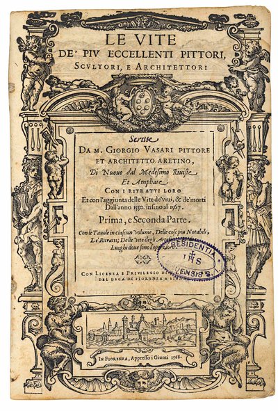 Page de titre de : Giorgio Vasari, Les Vies des plus excellents peintres, sculpteurs italiens, 1568 - Unbekannt