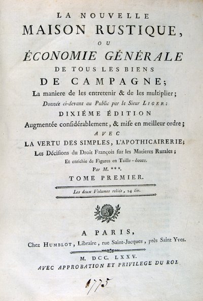 Page de titre de La Nouvelle Maison Rustique, ou Économie Générale, 1775 - Unbekannt