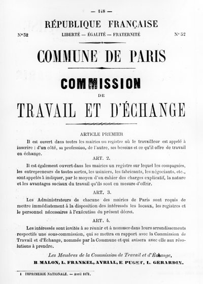 Travail et Échange, des affiches politiques françaises de la Commune de Paris, mai 1871 - Unbekannt