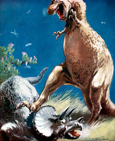 Triceratops, un dinosaure à cornes, maîtrisé par un Tyrannosaure, vers 1920 - Unbekannt