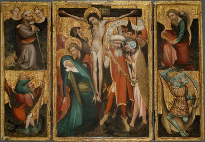 Triptyque de la Crucifixion avec les saints Antoine, Christophe, Jacques et Georges, vers 1400 - Unbekannt