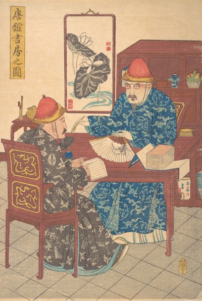 Deux érudits chinois pratiquant la calligraphie dans leur studio, vers 1840 - Unbekannt