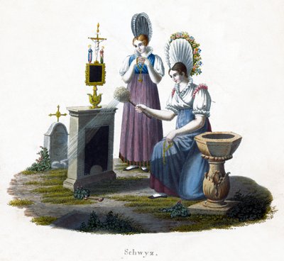 Deux femmes devant une pierre tombale dans un cimetière, c1800 - Unbekannt