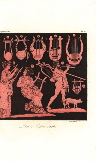 Types de lyres grecques, femme jouant de la cithare et homme jouant de l