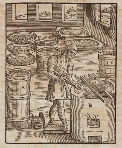 Un homme teste le salpêtre, utilisé dans la poudre à canon et la conservation de la viande - Gravure extraite de Description des minerais et des principales méthodes d