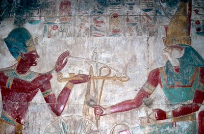 Détail de la peinture murale de Sethos I devant Horus, Temple de Sethos I, Abydos, Égypte - Unbekannt