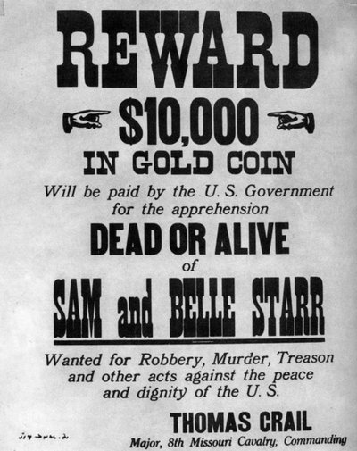 Avis de recherche pour les hors-la-loi Sam et Belle Starr, vers 1880-1886 - Unbekannt