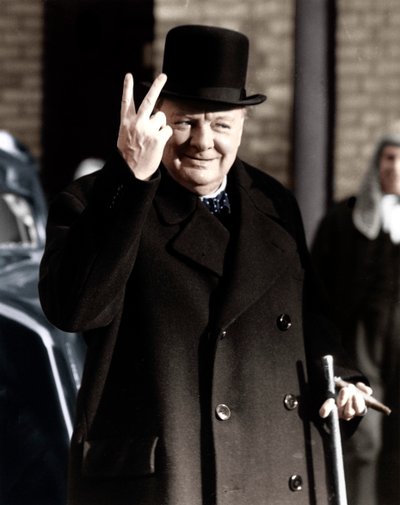 Winston Churchill faisant son célèbre signe V de la victoire, 1942 - Unbekannt