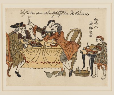 Gravure sur bois - Deux messieurs néerlandais et leurs dames festoyant - Unbekannt