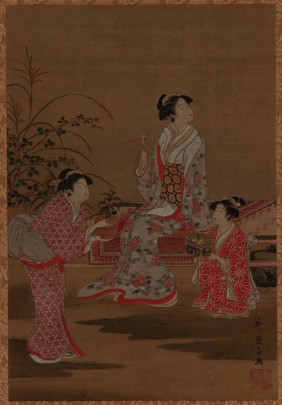 Jeune femme, avec deux jeunes filles, assise dans un jardin, période Edo, 1615-1868 - Unbekannt
