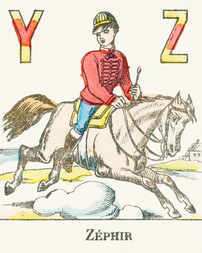Z : Zéphir, un cavalier galopant sur son cheval nommé Zéphyr - Alphabet des jeux, c.1890 - Unbekannt