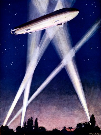 Dirigeable Zeppelin pris dans des projecteurs pendant un raid de bombardement sur l