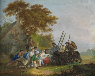 Deux artistes itinérants avec des ours dansants devant une assemblée de village - Unbekannt