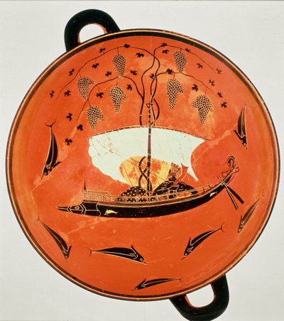 Kylix à figures noires, vue intérieure montrant Dionysos dans un bateau avec une vigne, Exekias, peintre des Sirènes, 6e siècle avant J.-C. - Unbekannt Unbekannt