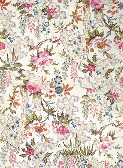 Design floral pour tissu de soie avec fleurs stylisées et motif de fond de méandres remplis de petites algues par William Kilburn, c.1790 - Unbekannt Unbekannt