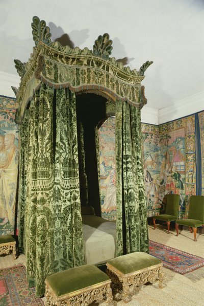 Intérieur de Hardwick Hall, Derbyshire, montrant la Chambre Verte avec des meubles et tentures d