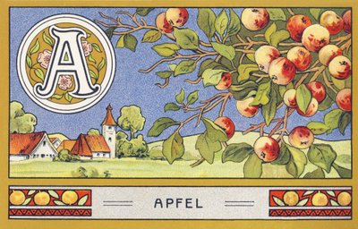 A : Apfel - Alphabet Palmin. Série de chromolithographies éditées par H. Schlinck & Cie, Hambourg, s. d. Publicité pour Palmin feinstes Cocosfett. Dimensions : 7 x 11 cm - Unbekannter Künstler