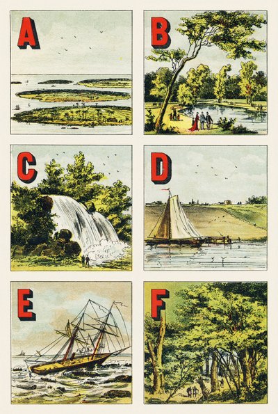 A B C D E F : Archipel, Bois de Boulogne, Cascade, Digue, Écueil, Forêt de Fontainebleau - Gravure extraite de Alphabet géographique. Guérin-Muller et Cie, éditeurs, Paris - Unbekannt