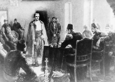 Peinture de Kalina Tasseva représentant le révolutionnaire bulgare Vasil Levski devant un tribunal de l