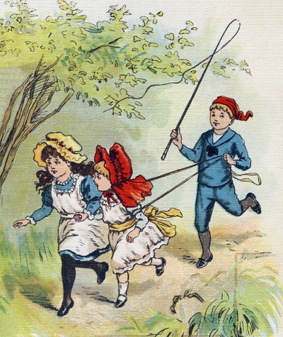 Un garçon jouant au cheval avec ses deux sœurs. Gravure dans "ABC L