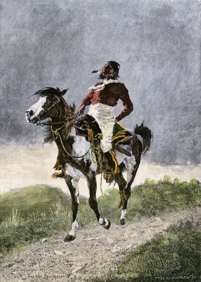 Un brave Comanche, voyageant à cheval dans les prairies du sud (Texas, Oklahoma, USA), vers 1800. Lithographie - Unbekannter Künstler