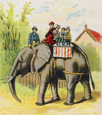 Une famille assise sur un éléphant. Gravure dans "ABC L