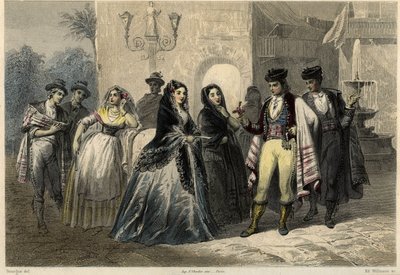 Une scène galante à Majorque, un jeune homme offre une fleur à une fille. Dans le livre sur la Méditerranée par Louis Enault (1824-1900), journaliste et voyageur français - Unbekannter Künstler
