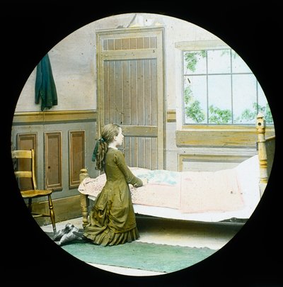 Une fille agenouillée en prière à son chevet, lanterne magique, vers 1890 - Unbekannt