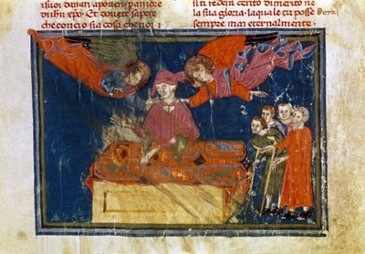Un groupe de personnes infirmes et un seigneur faisant une œuvre de miséricorde en leur apportant de l