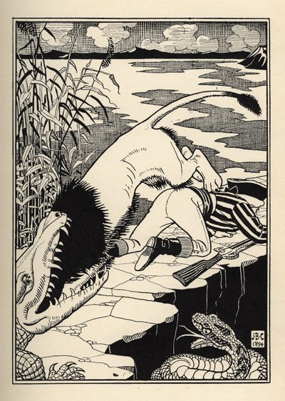 Un lion qui voulait attaquer le Baron de Münchhausen a fini avec un crocodile. Illustration de William Strang et JB Clark de « Les Aventures du Baron de Münchhausen » par Rudolf Erich Raspe (1789) - Unbekannt