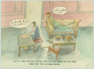 Une illustration de reconstitution montrant deux personnages dans leur nouvelle villa et envisageant d
