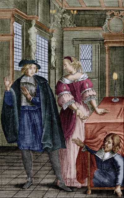 Scène de la pièce «Tartuffe» de Molière (1664) avec Orgon (sous la table), Elmire, sa femme, et Tartuffe, gravure - Unbekannter Künstler