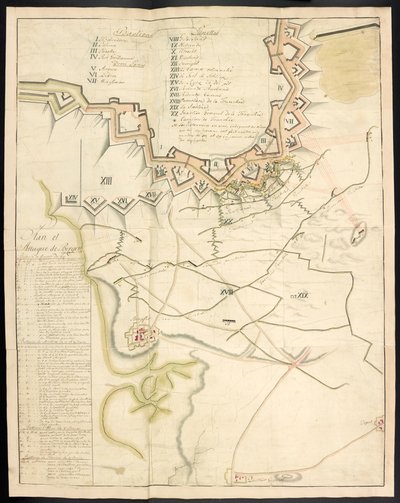 Plan teinté des travaux de siège. Journal du siège de Bergen op Zoom, par les Français, en 1747 ; précédé d